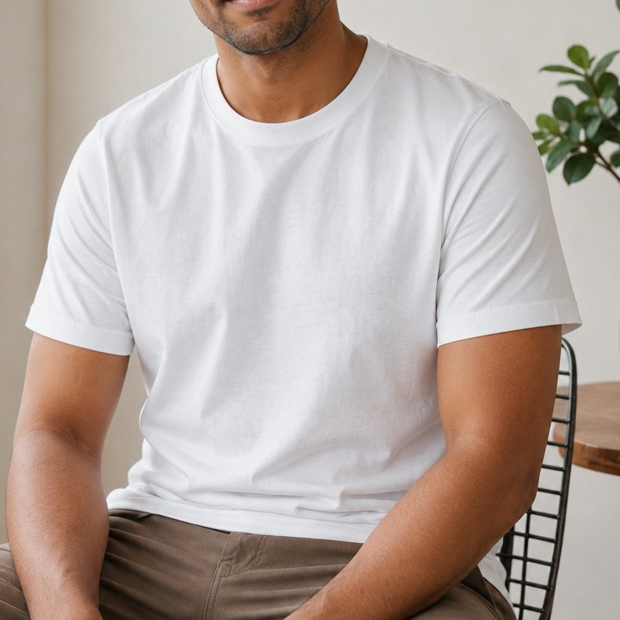 Illustration of a plain white Tshirt with no exterior logo